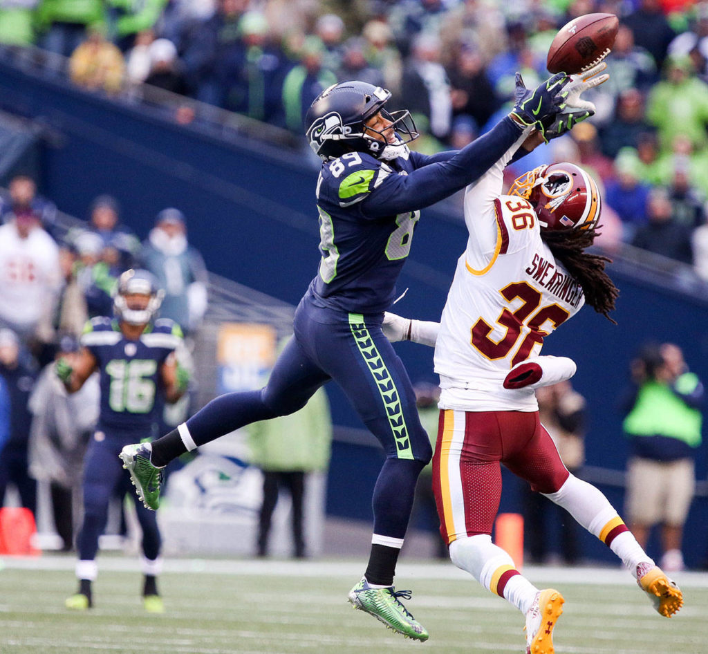 Redskins D.J. Swearinger breaks up a pass intended for Seahawks wide receiver Doug Baldwin Sunday afternoon at CenturyLink Field in Seattle on November 5, 2017. Redskins won 17-14. (Kevin Clark / The Herald)
