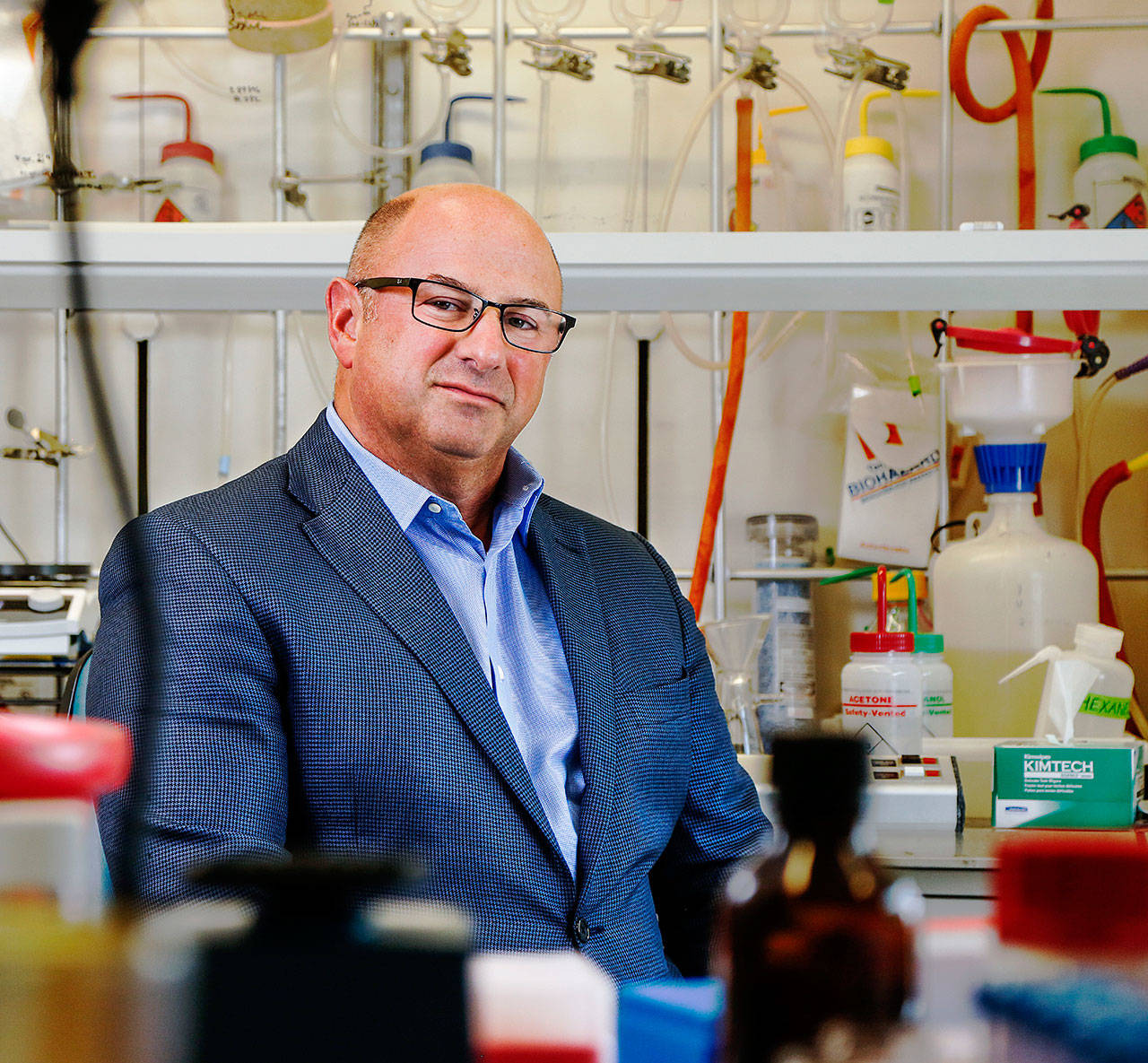 Seattle Genetics CEO Clay Siegall in his company’s Bothell laboratory. A drug developed by his company has now gained approval to be used to treat a rare disfiguring blood cancer of the skin. (File photo)