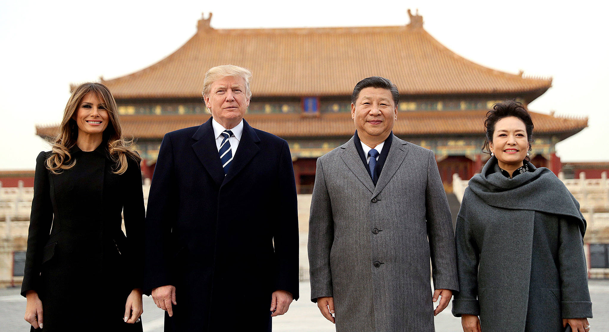 President Donald Trump (second left), first lady Melania Trump (left), Chinese President Xi Jinping (second from right) and his wife, Peng Liyuan, stand together as they tour the Forbidden City on Wednesday in Beijing, China. (AP Photo/Andrew Harnik)