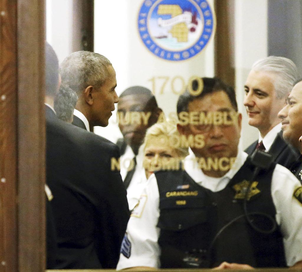 Former President Barack Obama arrives for jury duty in the Daley Center on Wednesday in Chicago. (Kevin Tanaka/Sun Times via AP)
