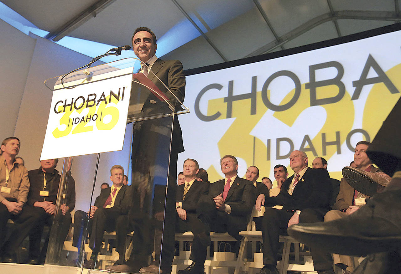 In this 2012 photo, Chobani CEO Hamdi Ulukaya speaks during the grand opening of the company’s new plant in Twin Falls, Idaho. (Ashley Smith/Times-News via AP, File)