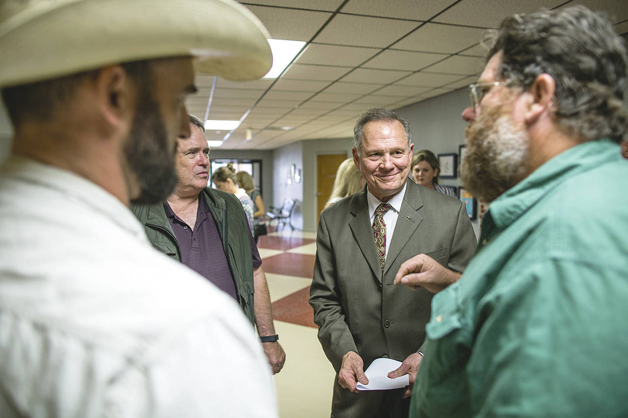 Judge Roy Moore talks with his supporters about the second amendment during a “Faith and Family Rally” in Florence, Alabama, at Shoals Christian School on Sept. 17. (Nathan Morgan / The Washington Post)