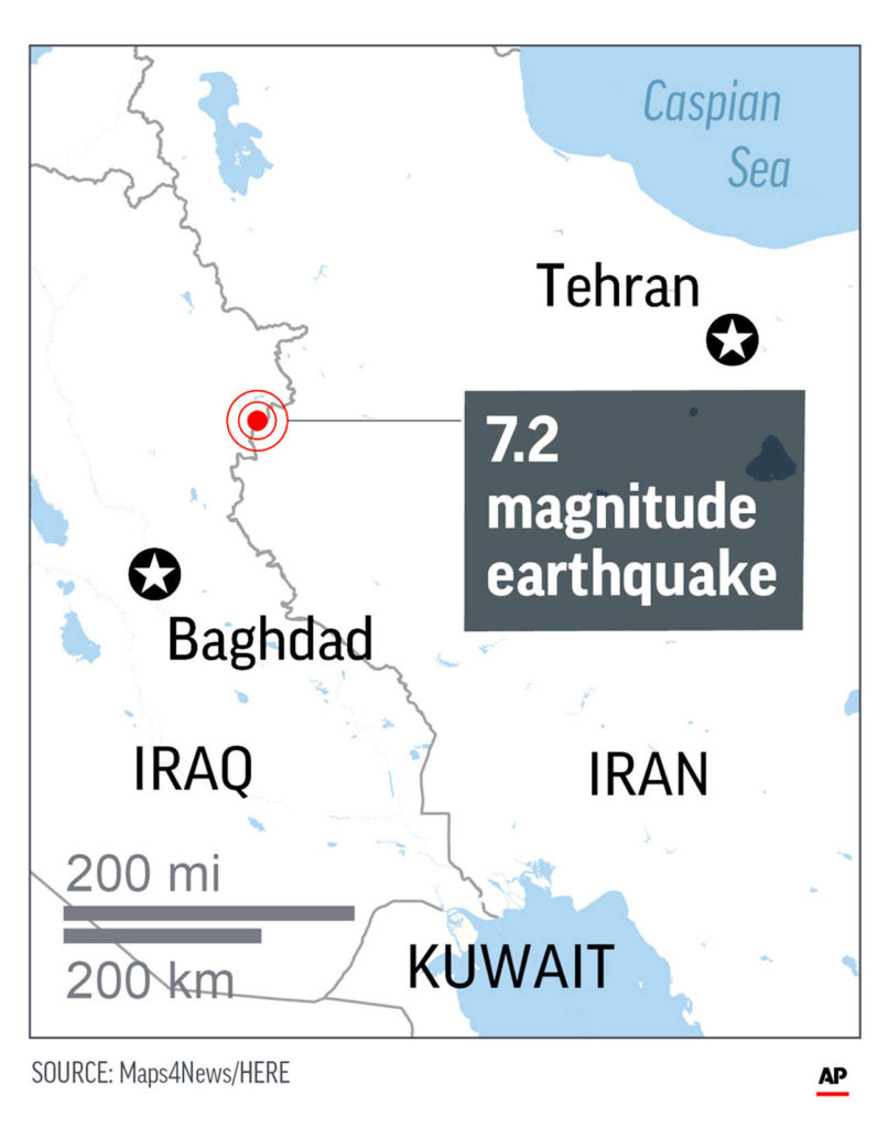 The epicenter of the earthquake along the Iran-Iraq border is shown. (Associated Press)
