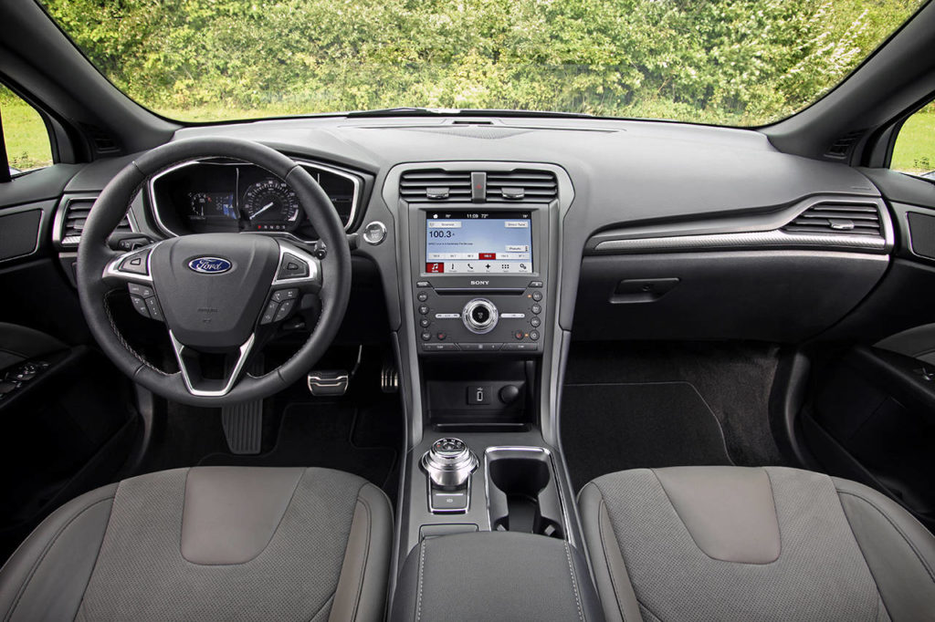 Seats in the 2017 Ford Fusion Sport’s black interior have Miko sueded inserts. (Manufacturer photo)
