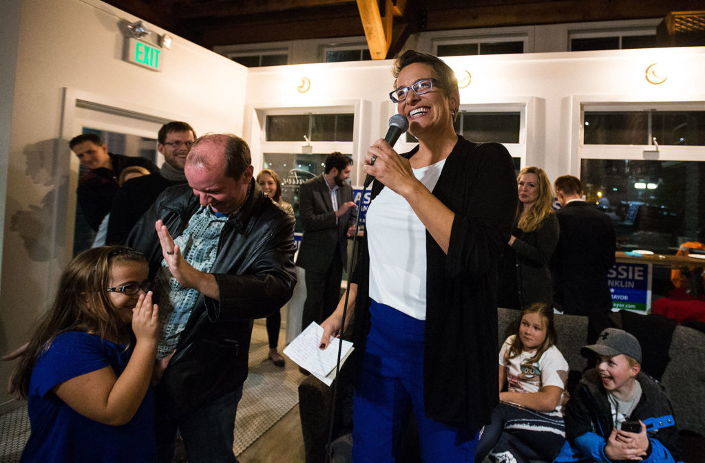 Then-mayoral candidate Cassie Franklin thanks supporters on election night, Nov. 7, at Narrative Coffee in Everett. (Andy Bronson / The Herald)
