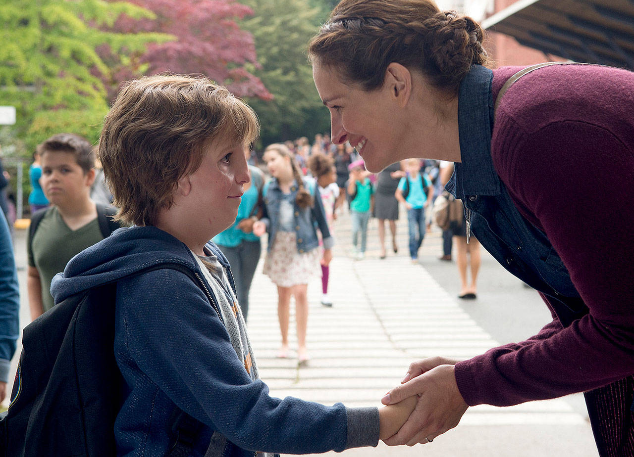Jacob Tremblay as Auggie and Julia Roberts as Isabel in “Wonder.” (Lionsgate)