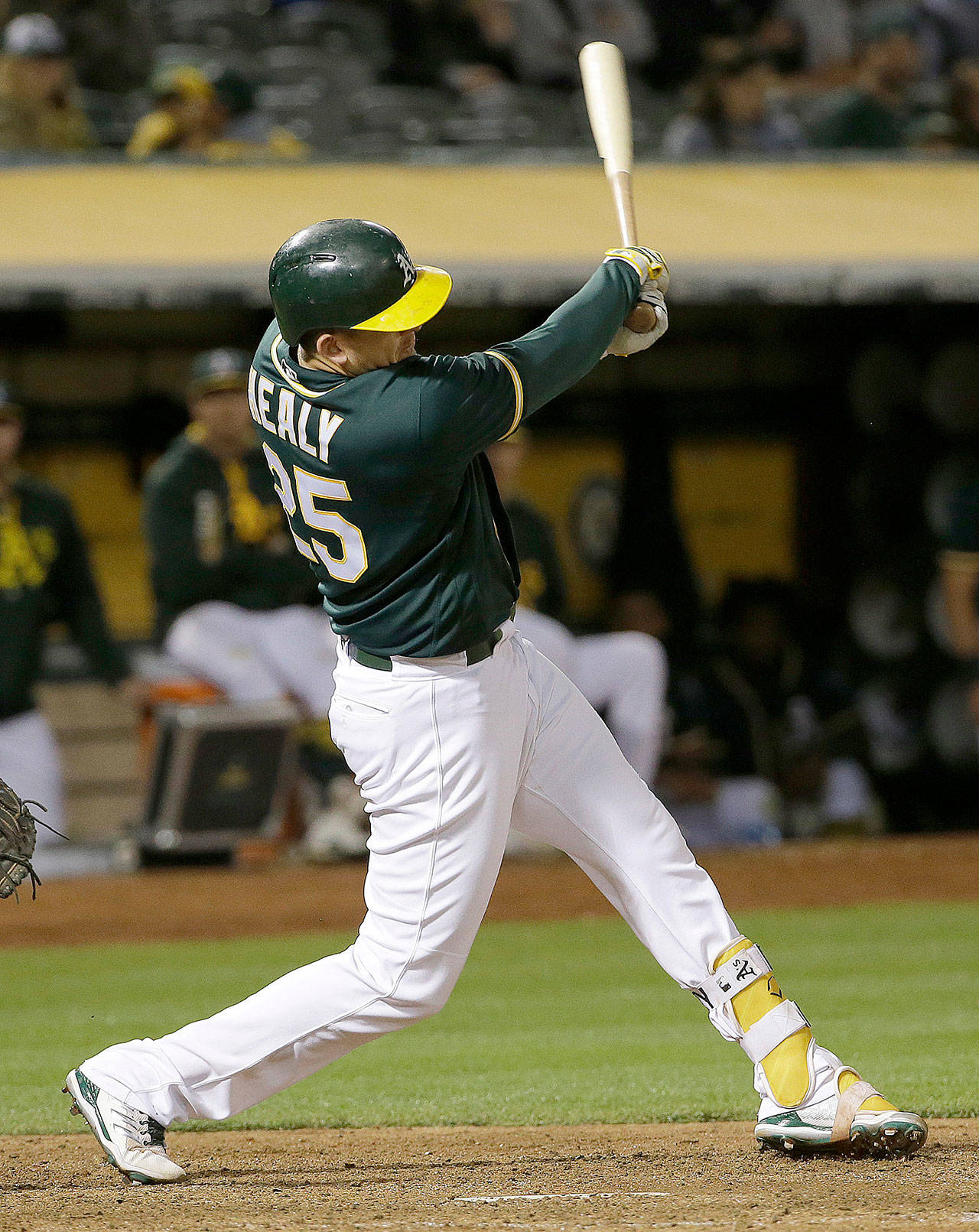 Oakland’s Ryon Healy, shown here in a July 31 game in Oakland, Calif., was traded to the Seattle Mariners on Wednesday for Emilio Pagan and minor-leaguer Alexander Campos. (AP Photo/Jeff Chiu)