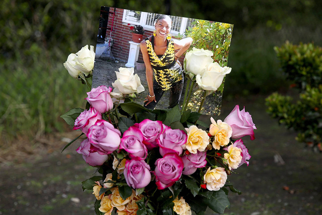 A memorial outside the Seattle apartment building of Charleena Lyles, who was killed by Seattle police on June 18. (Ken Lambert / The Seattle Times)