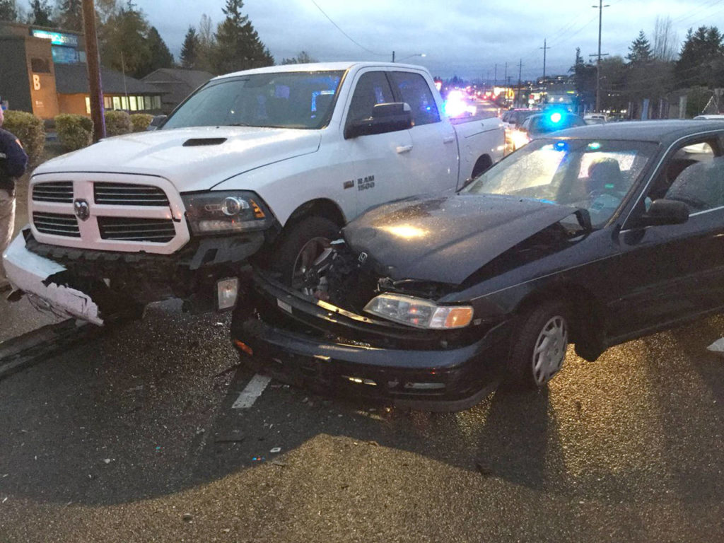 A man in a stolen car crashed into a Dodge Ram early Friday in south Everett. (Everett Police Department)
