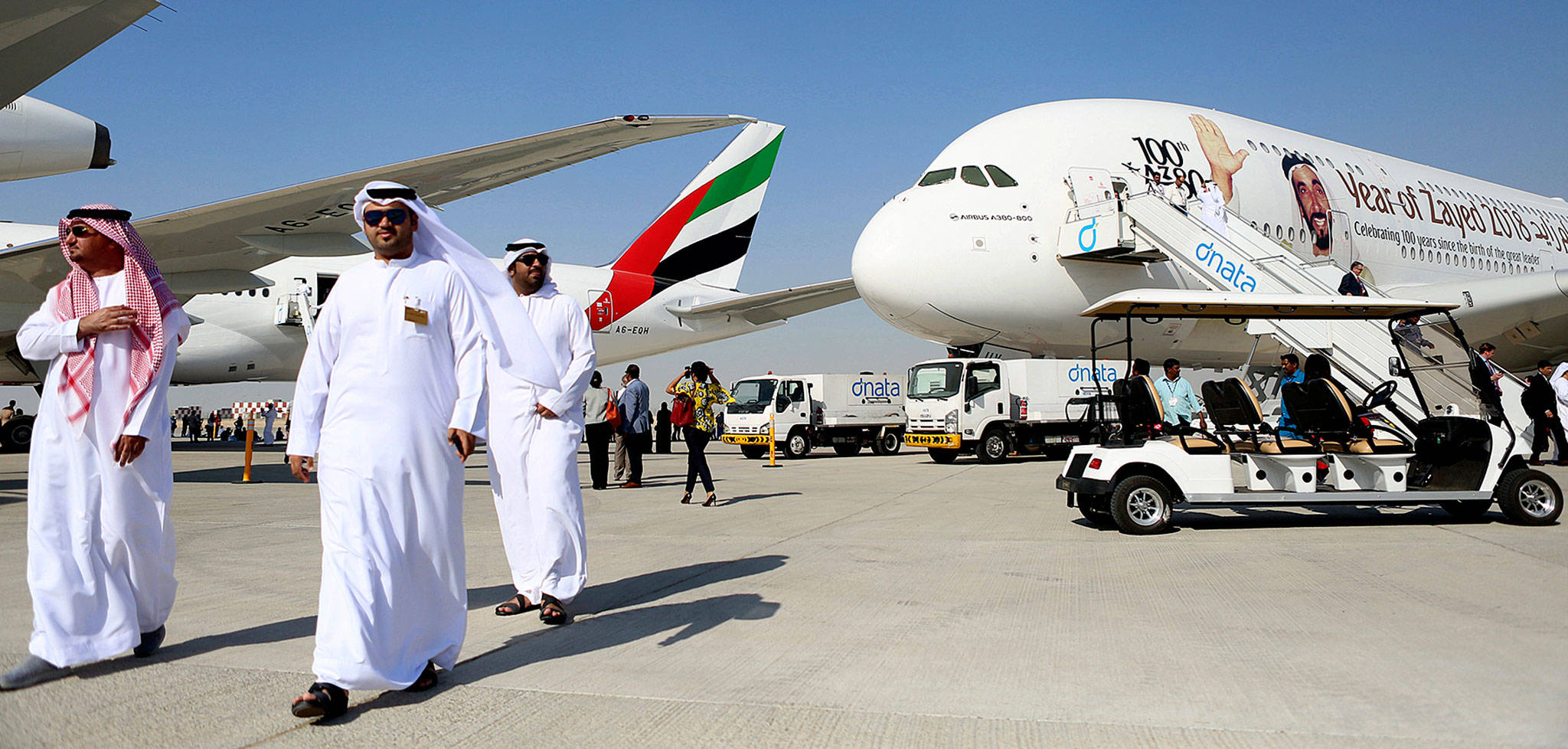 An Emirates Airlines Boeing 777 (left) and the 100th Emirates Airbus A380 at the Dubai Air Show in Dubai, United Arab Emirates, this week. (Natalie Naccache / Bloomberg News)