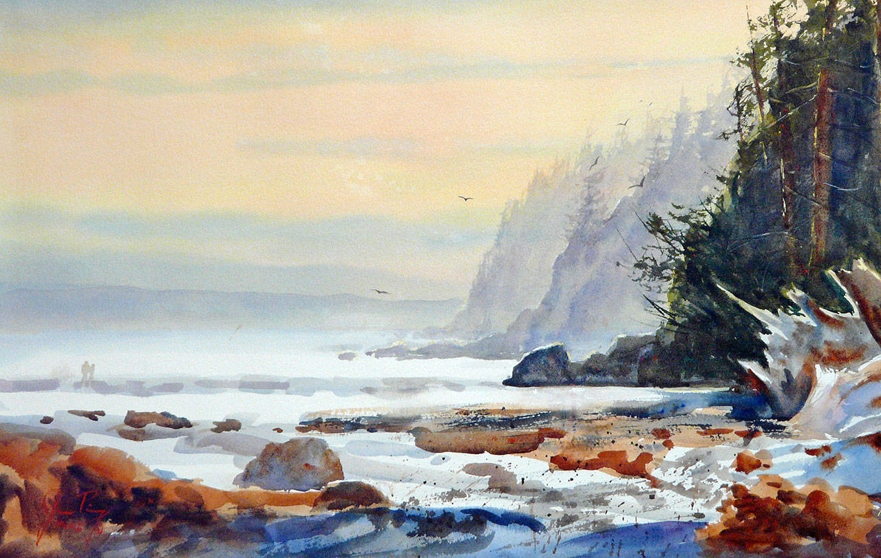Joan Pinney’s watercolor “Winter Walk” is displayed at her annual home gallery sale Dec. 8-10 near Snohomish.