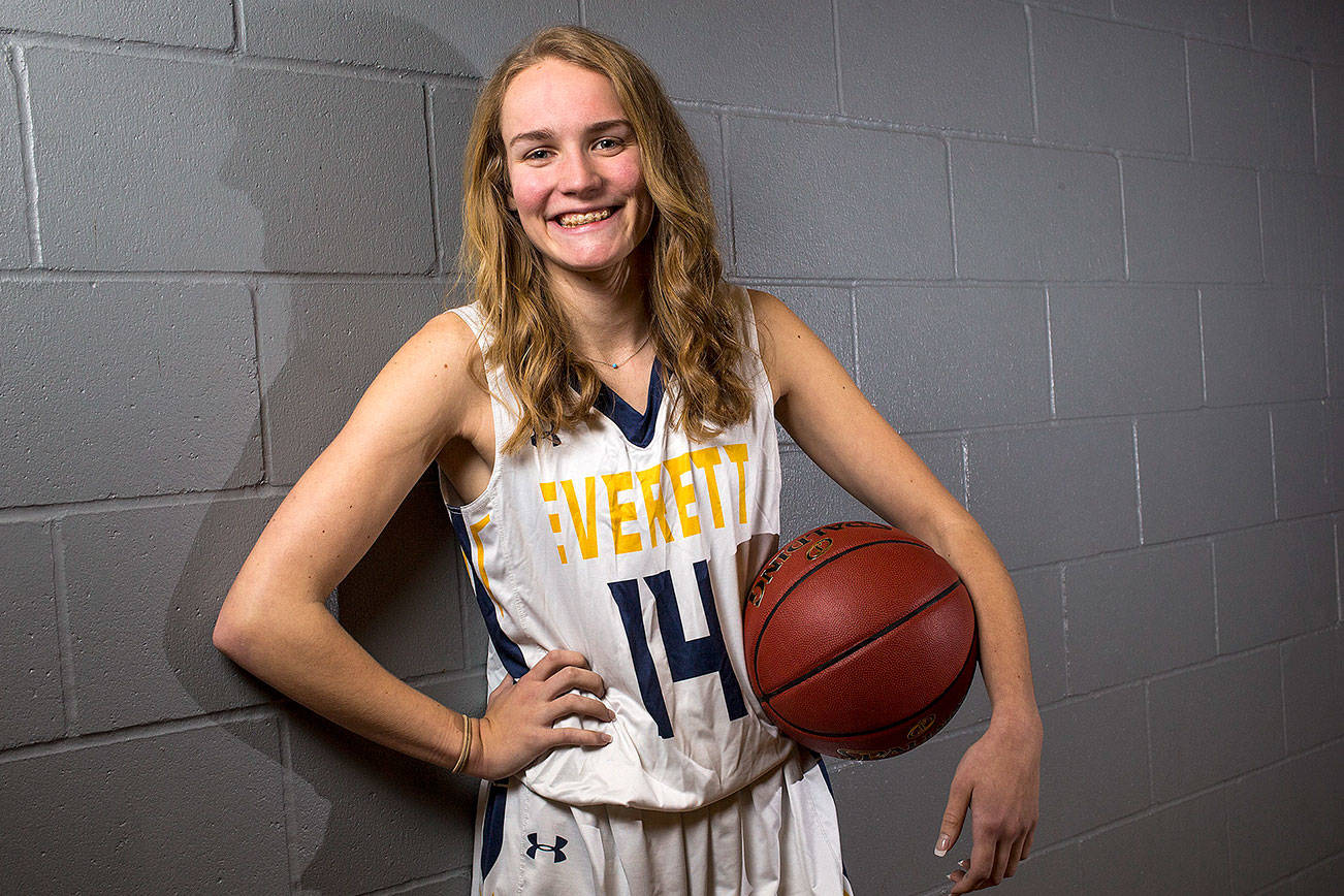 Everett High’s Kate Poland is one of the best returning players in Wesco 3A and is involved in many school activities off the court, including spearheading her school’s annual food drive. Shot on Monday, Nov. 20, 2017 in Everett, Wa. (Andy Bronson / The Herald)