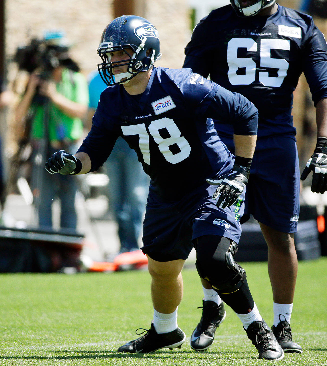 The Seahawks’ Luke Joeckel (78) moves during a drill at practice on June 2, 2017, in Renton. (AP Photo/Ted S. Warren)