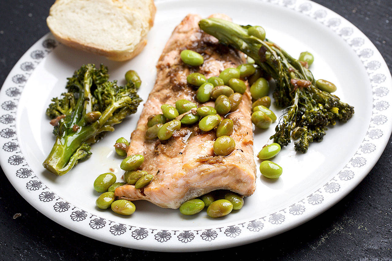 This one-sheet dinner of Arctic char, broccolini and edamame is drizzled with a soy-ginger sauce. (Photo by Deb Lindsey for The Washington Post)