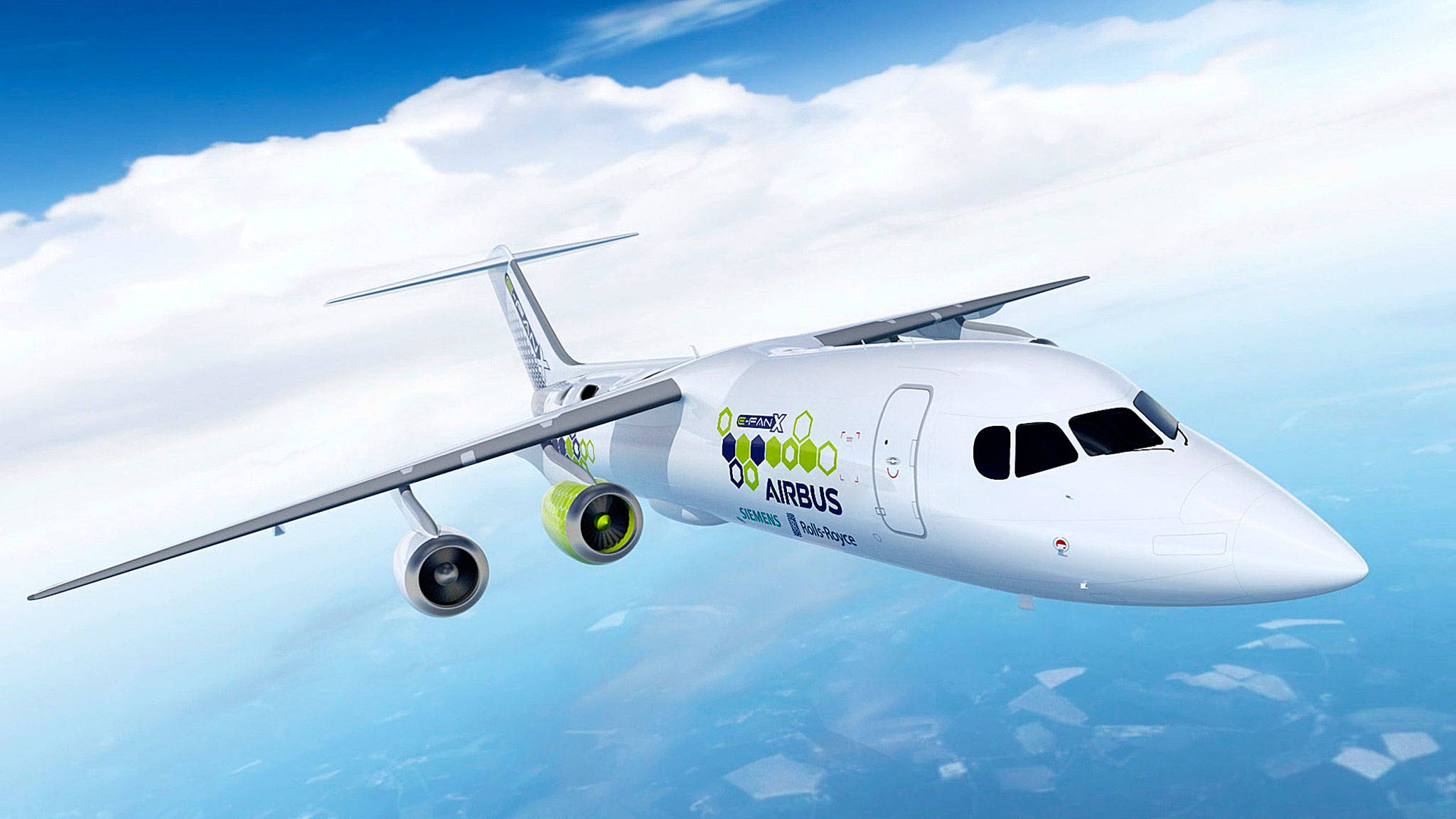The artist’s rendering shows an Airbus e-FanX hybrid test plane. The aircraft will be flying with one electric turbofan motor and 3 conventional engines. (Airbus)