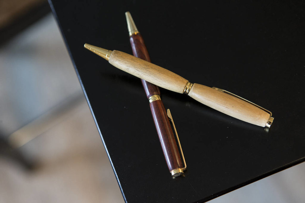 Pens handmade by Garrett Olson are seen at his parent’s home in Marysville. (Ian Terry / The Herald)
