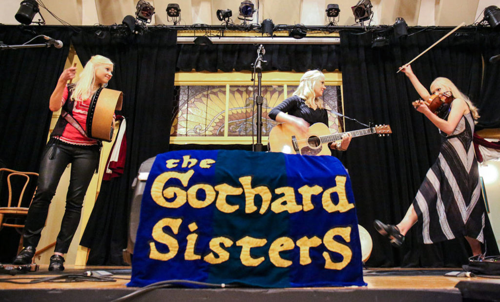 Solana, Greta and Willow make up The Gothard Sister of Edmonds at Thumbnail Theater in Snohomish before their sold out show on Oct. 1. (Kevin Clark / The Herald)
