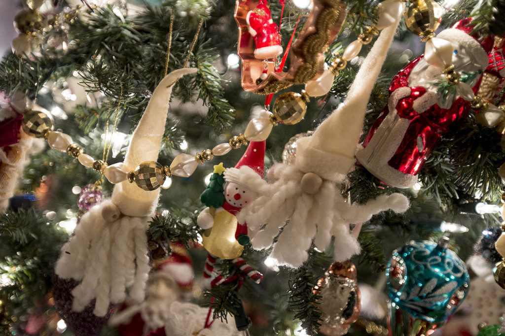 A few of Lisa Pickford’s homemade Christmas ornaments are seen at her home in Snohomish. (Ian Terry / The Herald)
