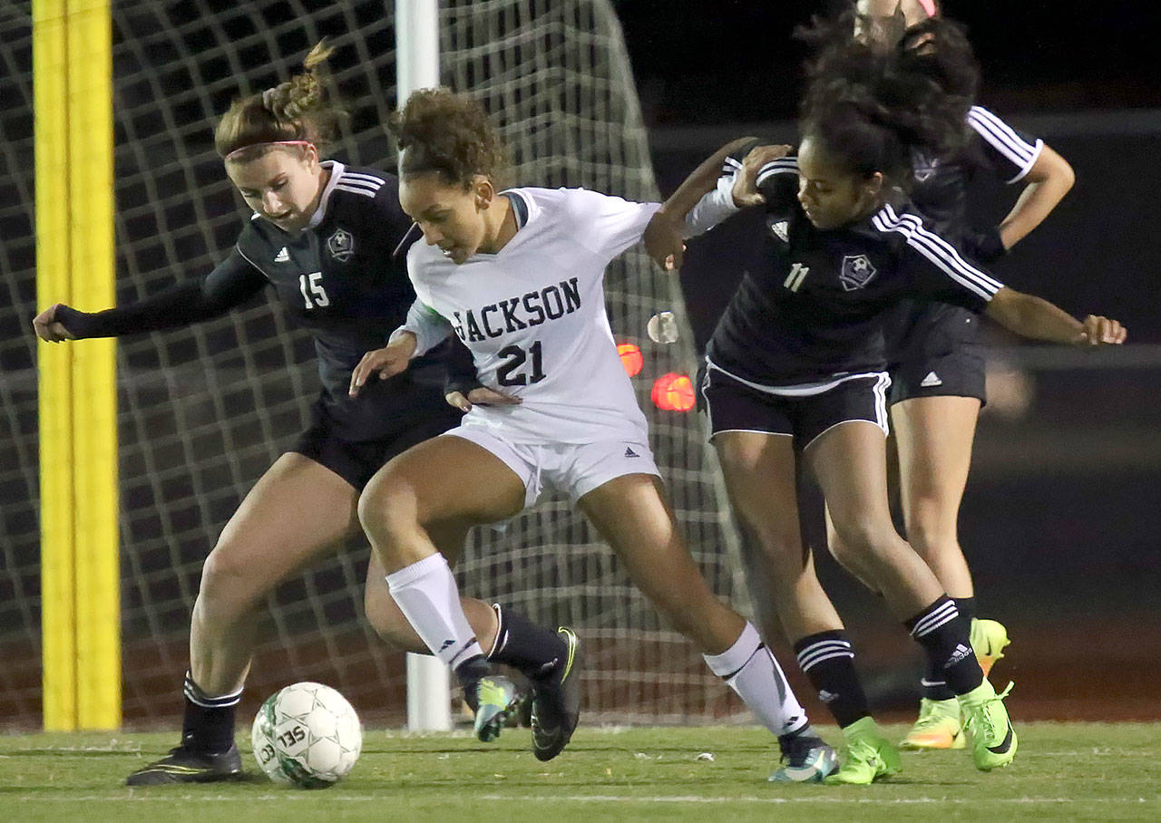 Jackson’s Jadyn Edwards (21) collected 18 goals and 17 assists this season. (Kevin Clark / The Herald)