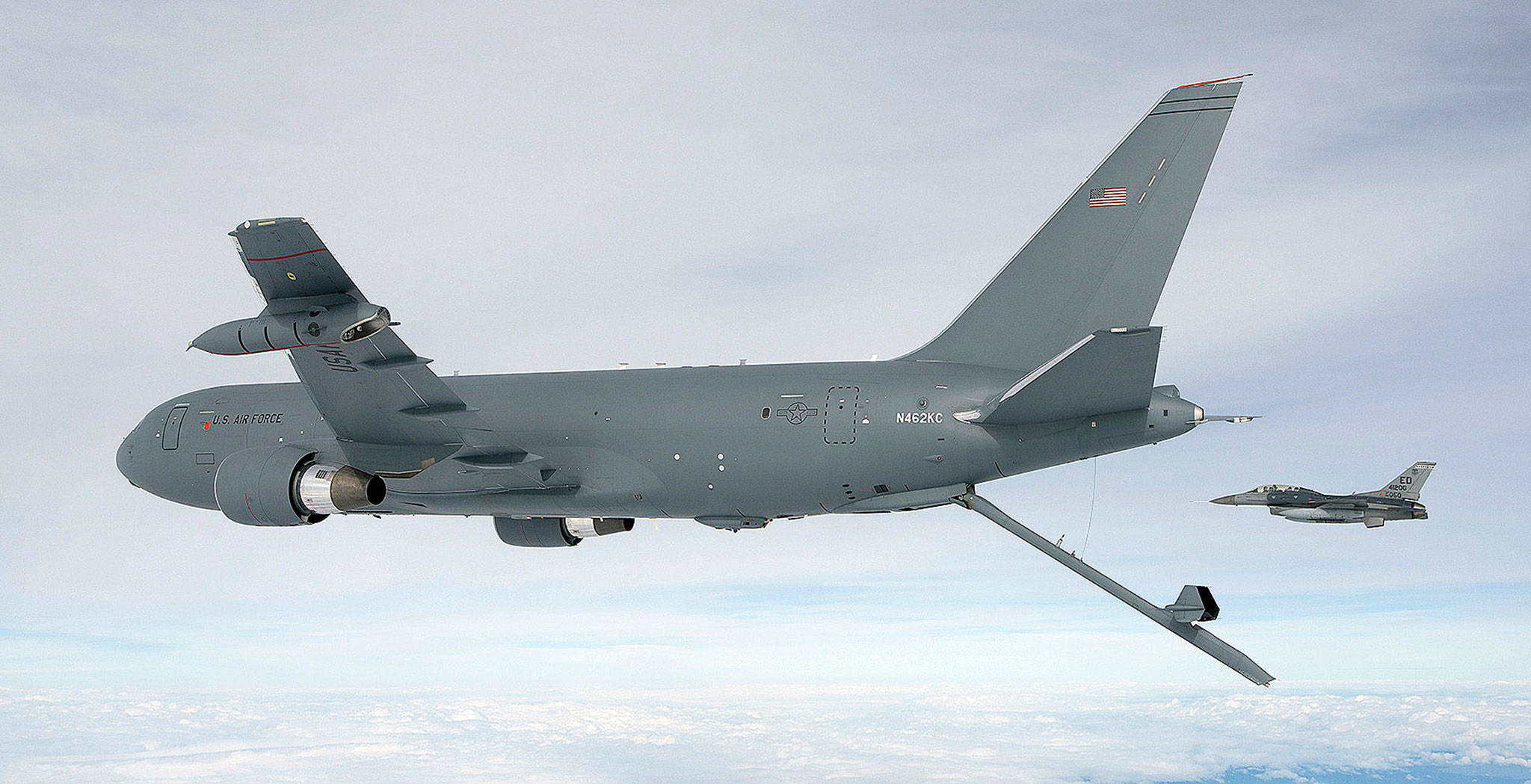 Boeing’s first KC-46 aerial-refueling tanker deploys its boom during a test flight with a U.S. Air Force fighter jet. The tanker is based on Boeing’s 767 and assembled in Everett. (Boeing Co.)