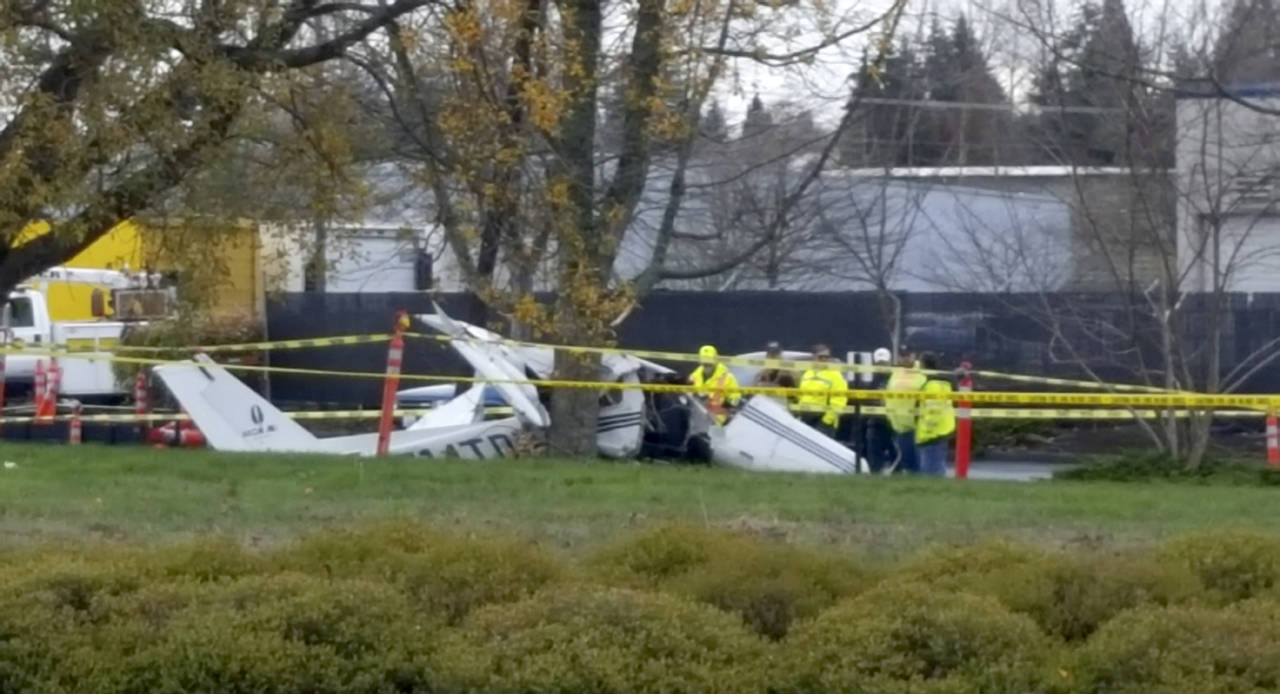 A small Cessna plane crashed at Paine Field on Sunday. (Noah Haglund / The Herald)