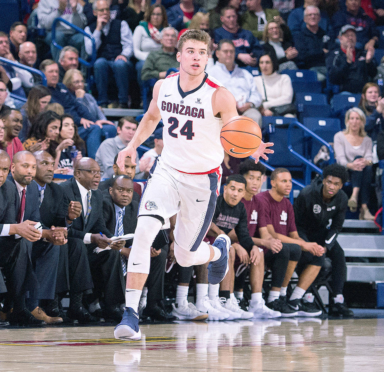 Gonzaga’s Corey Kispert brings the ball upcourt during the Bulldogs 97-69 win over Texas Southern on Nov. 10 in Spokane. Kispert, an Edmonds native and Kings High School alumnus, has gotten off to a fast start in his collegiate career. (Gonzaga University photo)