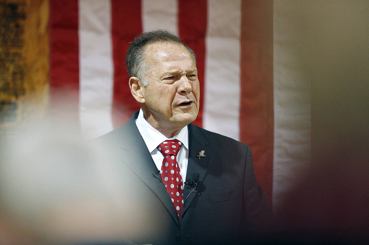 Former Alabama Chief Justice and U.S. Senate candidate Roy Moore speaks at a campaign rally, Thursday in Dora, Alabama. (AP Photo/Brynn Anderson)