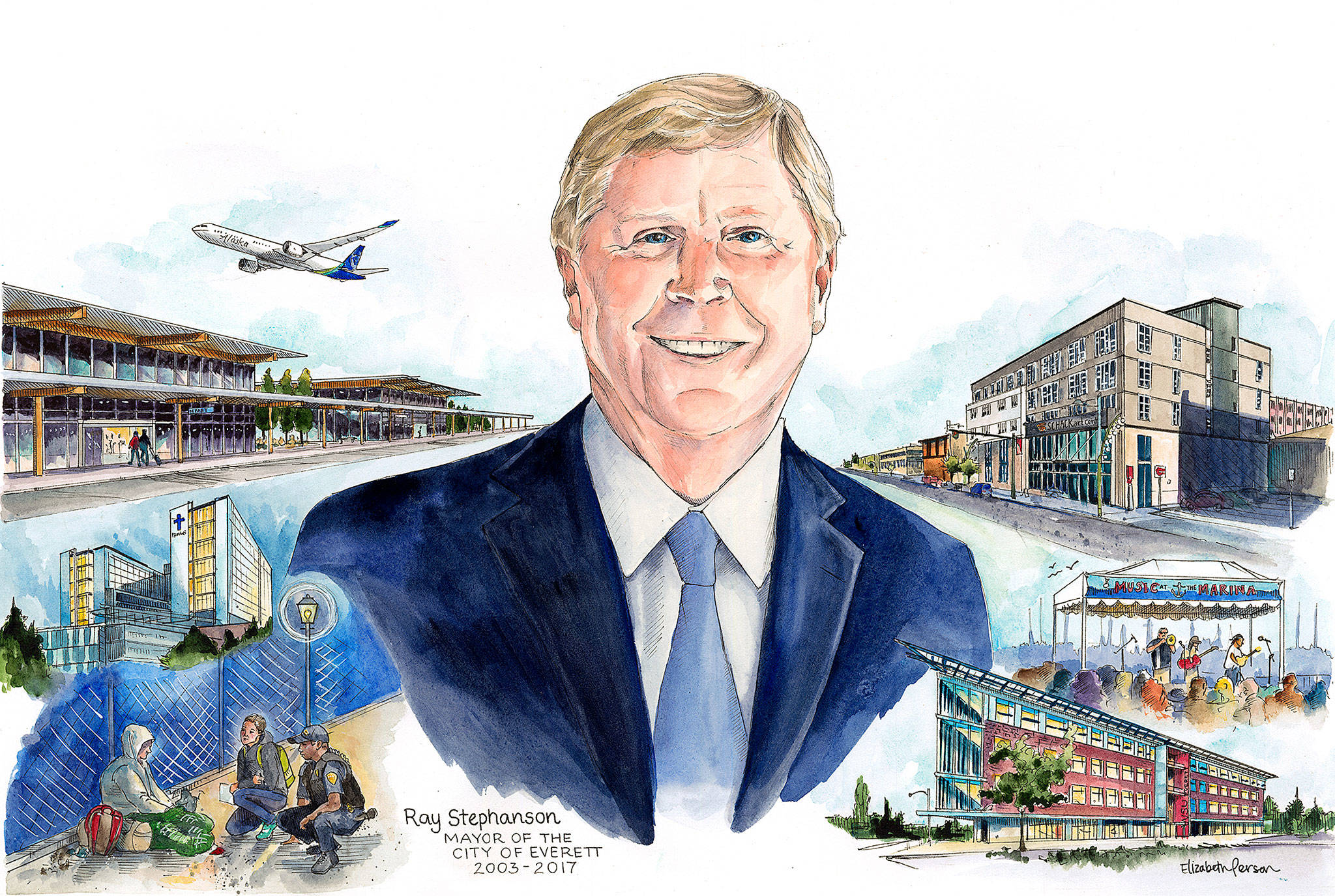 Everett artist Elizabeth Person created this official portrait of outgoing Mayor Ray Stephanson. The recently finished work will join the other mayoral portraits at City Hall. The images, clockwise from top right: The Schack Art Center and Artspace Everett Lofts; Music at the Marina concerts, WSU Everett; the Safe Streets Initiative that includes police department social workers; the Providence Regional Medical Center Everett tower; the future commercial air service at Paine Field; and the Boeing 777X.