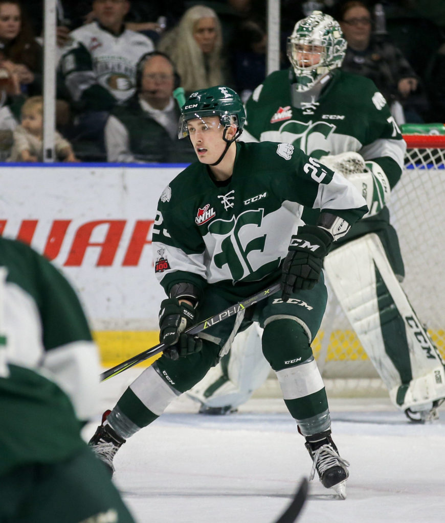 The Silvertips’ Wyatte Wylie lines up to defend against Saskatoon on Dec. 2, 2017, at Xfinity Arena in Everett. (Kevin Clark / The Herald)
