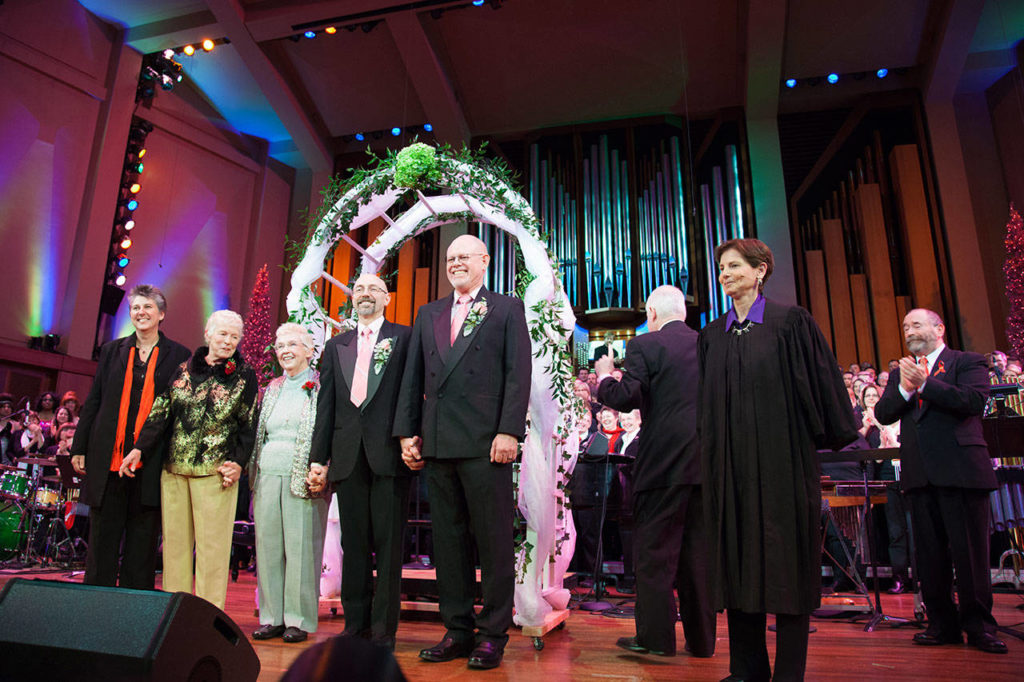 Neil Hoyt (left) and Donald Jenny were married on stage five years ago when same-sex marriage became legal in Washington. (Seattle Men’s Chorus photo)
