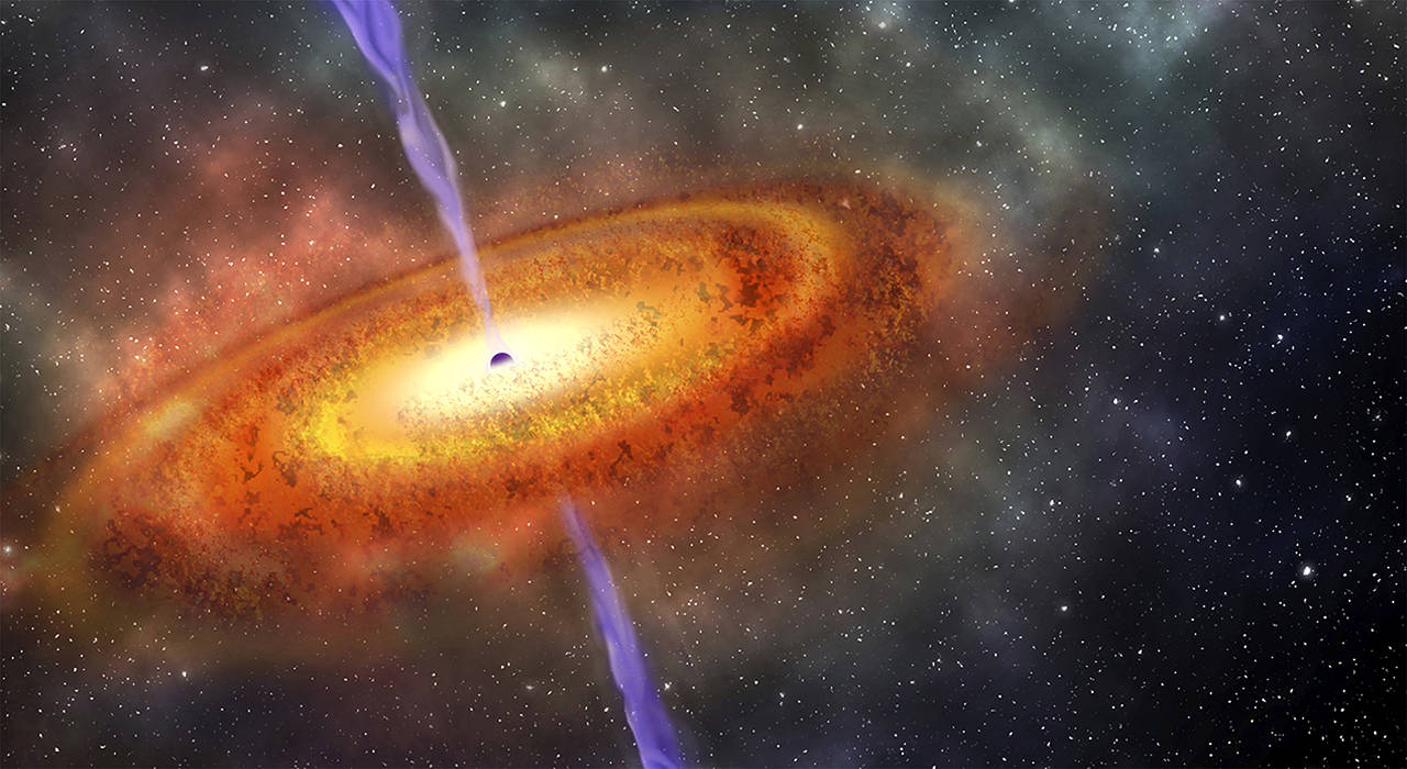 This illustration shows the most-distant supermassive black hole ever discovered, which is part of a quasar from just 690 million years after the Big Bang. (Robin Dienel/Carnegie Institution for Science via AP)