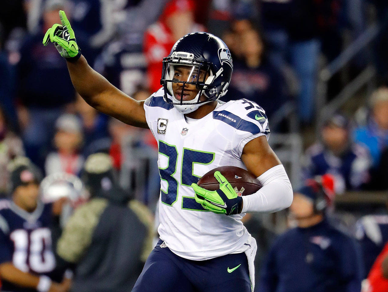 Seahawks cornerback DeShawn Shead celebrates after an interception against the Patriots during a game Nov. 13, 2016, at Gillette Stadium in Foxborough, Mass. (Winslow Townson/Associated Press)