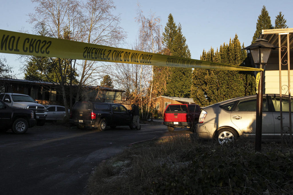 The Village Green Mobile Home Park near East Gibson Road in south Everett is seen Thursday following a shooting in the early morning hours. (Ian Terry / The Herald)
