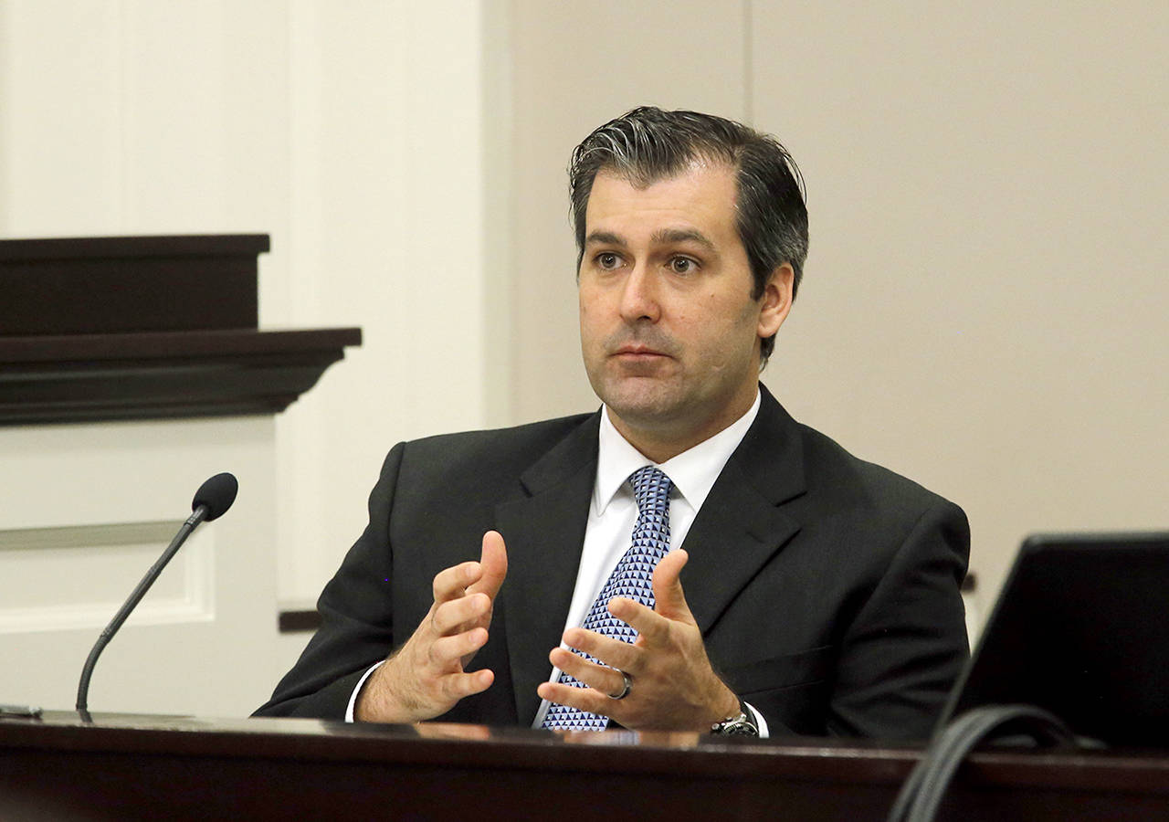 In a 2016 photo, former North Charleston police officer Michael Slager testifies during his murder trial at the Charleston County court in Charleston, South Carolina. (Grace Beahm/Post and Courier via AP, Pool, File)