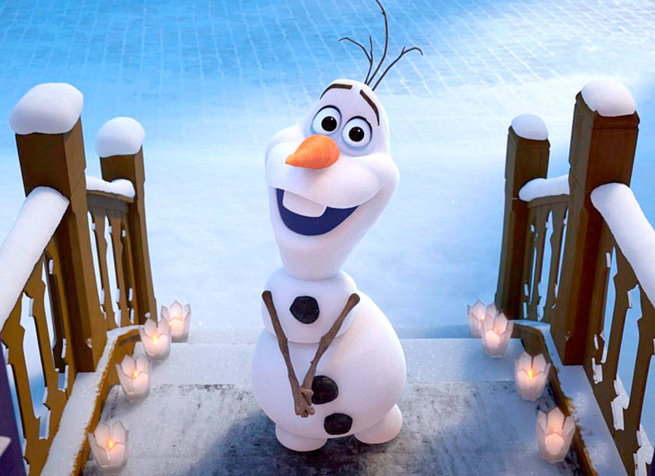 A scene from “Olaf’s Frozen Adventure,” a limited-run Disney-Pixar short that is 21 minutes long. (Walt Disney Animation)