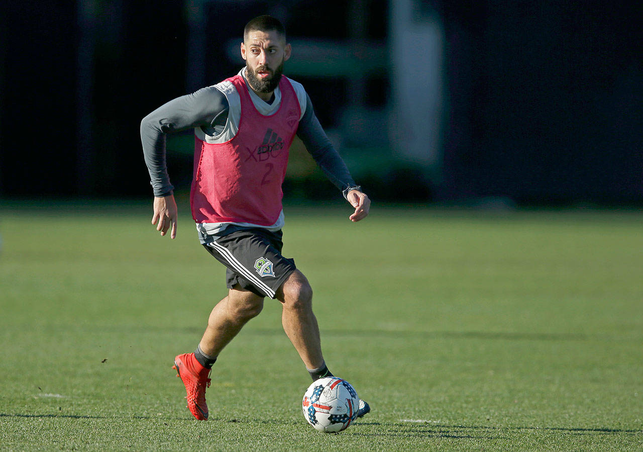 Seattle’s Clint Dempsey particpates in a drill during training at the Sounders’ complex Wednesday in Tukwila. Seattle will have a healthy and motivated Dempsey leading the line when it battles Toronto for the MLS Cup on Saturday. (AP Photo/Ted S. Warren)