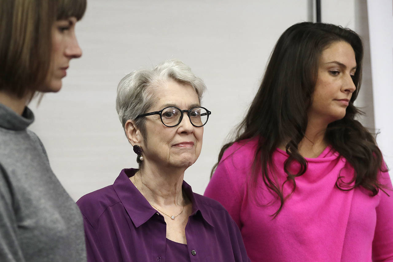 Rachel Crooks (left), Jessica Leeds (center) and Samantha Holvey attend a news conference Monday in New York to discuss their accusations of sexual misconduct against Donald Trump. The women, who first shared their stories before the November 2016 election, called for a congressional investigation into Trump’s alleged behavior. (AP Photo/Mark Lennihan)