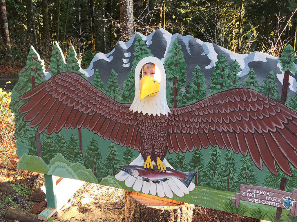 The author’s son Teddie, 4, puts his head through an eagle cutout at the Rockport State Park ranger’s office. (Aaron Swaney)
