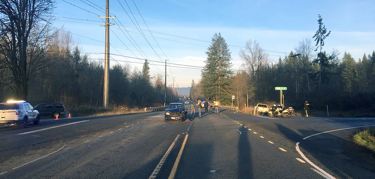 One driver died in a three-car crash Tuesday afternoon on Highway 92 near Lake Stevens. (Washington State Patrol)