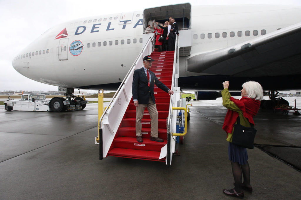 One of Delta Air Lines’ last Boeing 747s visited the Future of Flight Aviation Center at Paine Field on Monday — a stop on the plane’s a farewell tour. (Andy Bronson / The Herald)
