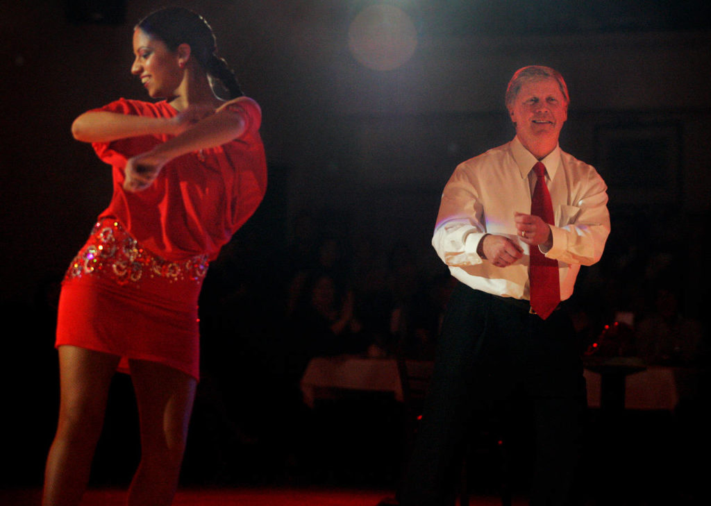 Everett Mayor Ray Stephanson dances with his partner, Maria Gershenovich, during “Dance Your Passion” at Oly’s Dorthy Jayne Dance Studio in Everett on March 17, 2007. Local leaders paired with professional dancers to raise money for the Imagine Children’s Museum, the YMCA of Snohomish County and the Dorthy Jayne Foundation. (Herald file)
