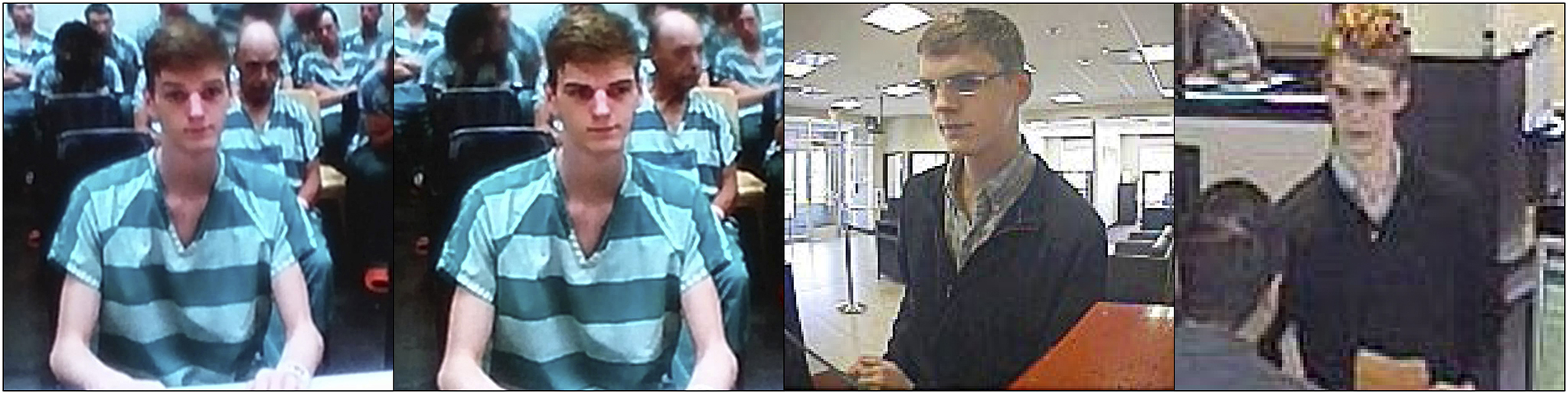 Caleb Dierlam (two left photos) appeared in Everett District Court in 2016 after being arrested on suspicion of being the Harry Potter Bandit, a serial robber who hit banks throughout the region (Rikki King / The Herald); He had been captured on surveillance video at some of the banks (two right photos).