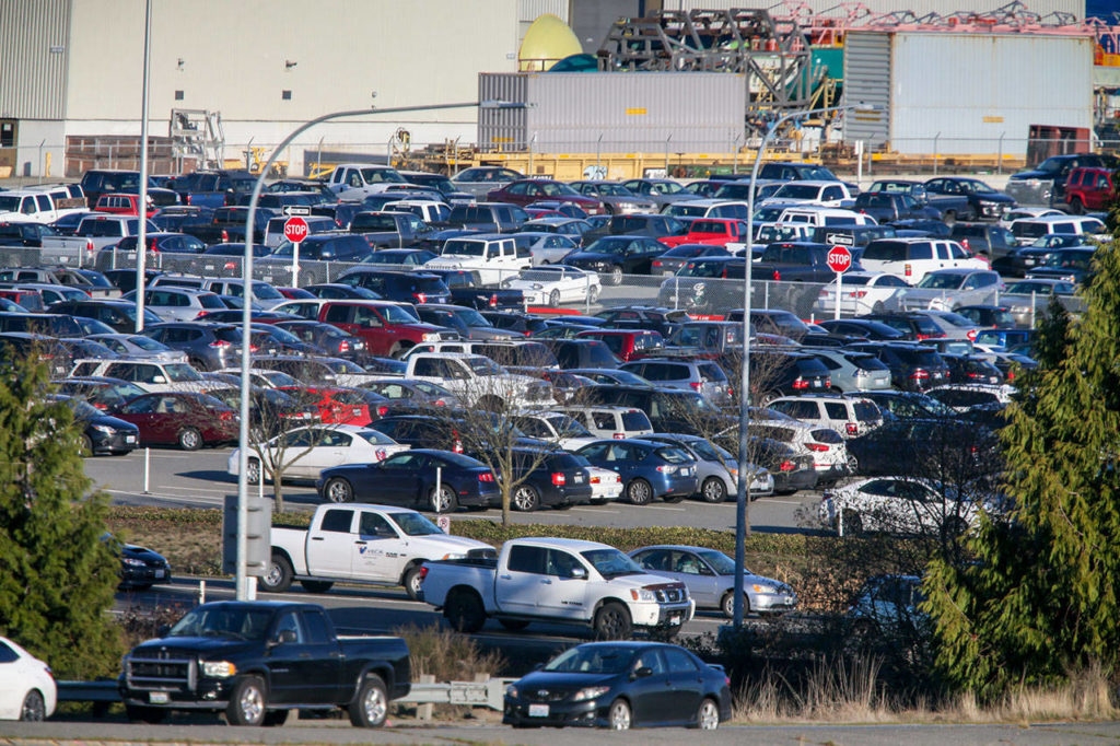 The parking lot at Boeing Wednesday afternoon (Kevin Clark / The Herald)
