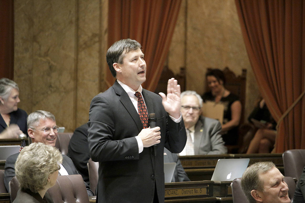 Rep. Matt Manweller, R-Ellensburg, speaks on the House floor in Olympia in 2015. (AP Photo/Rachel La Corte, File)