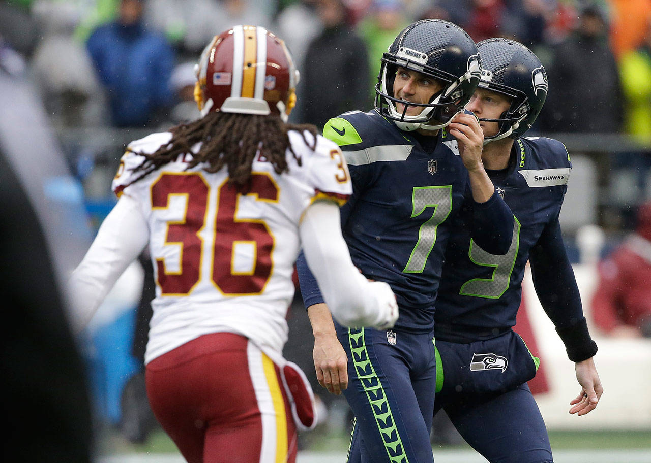 Seahawks kicker Blair Walsh (7) reacts after missing his second field goal in the first half of a game against the Redskins on Nov. 5, 2017, in Seattle. (AP Photo/Elaine Thompson)