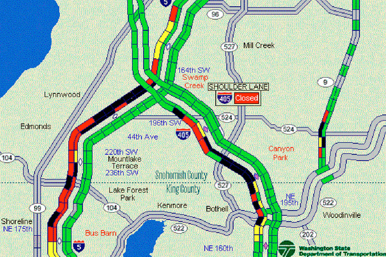 Traffic on Tuesday at 7 a.m. as depicted on the state Department of Transportation flow map. (Washington State Department of Transportation)