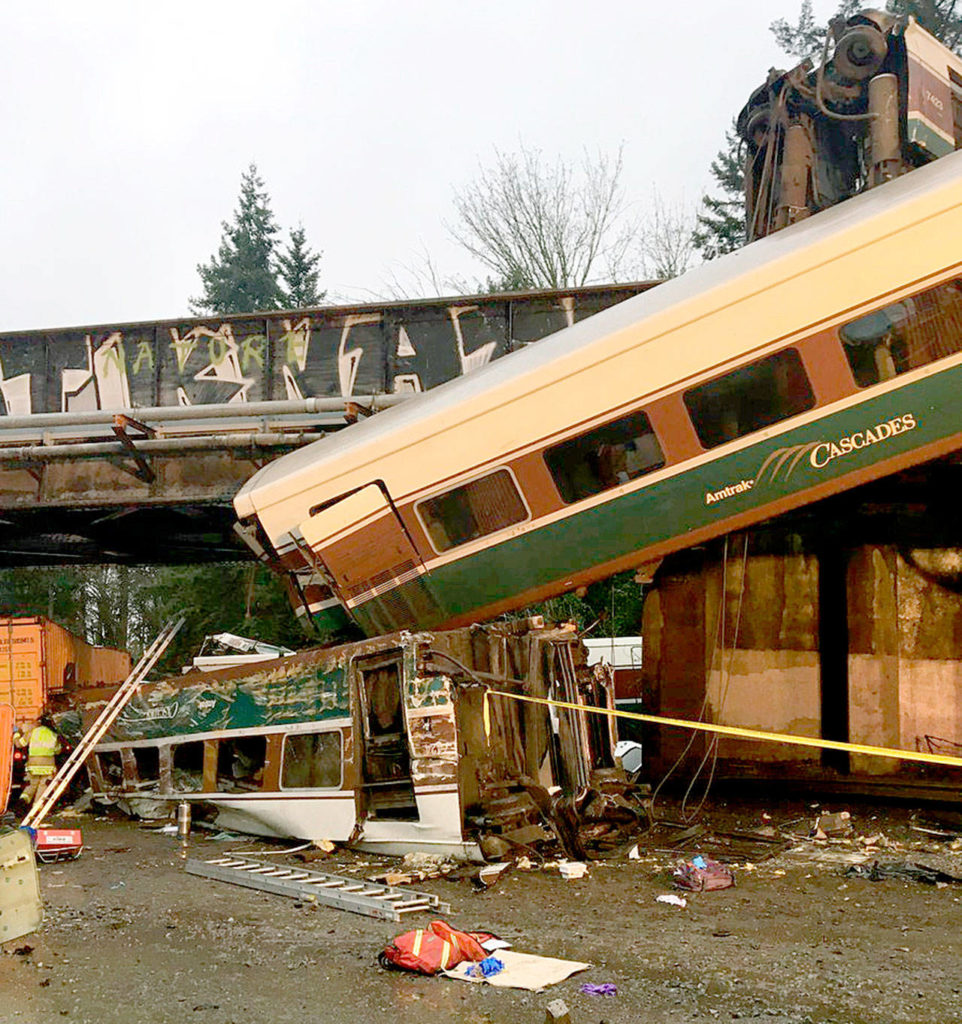 The Amtrak train that derailed near DuPont on Monday. (Washington State Patrol via AP) 
