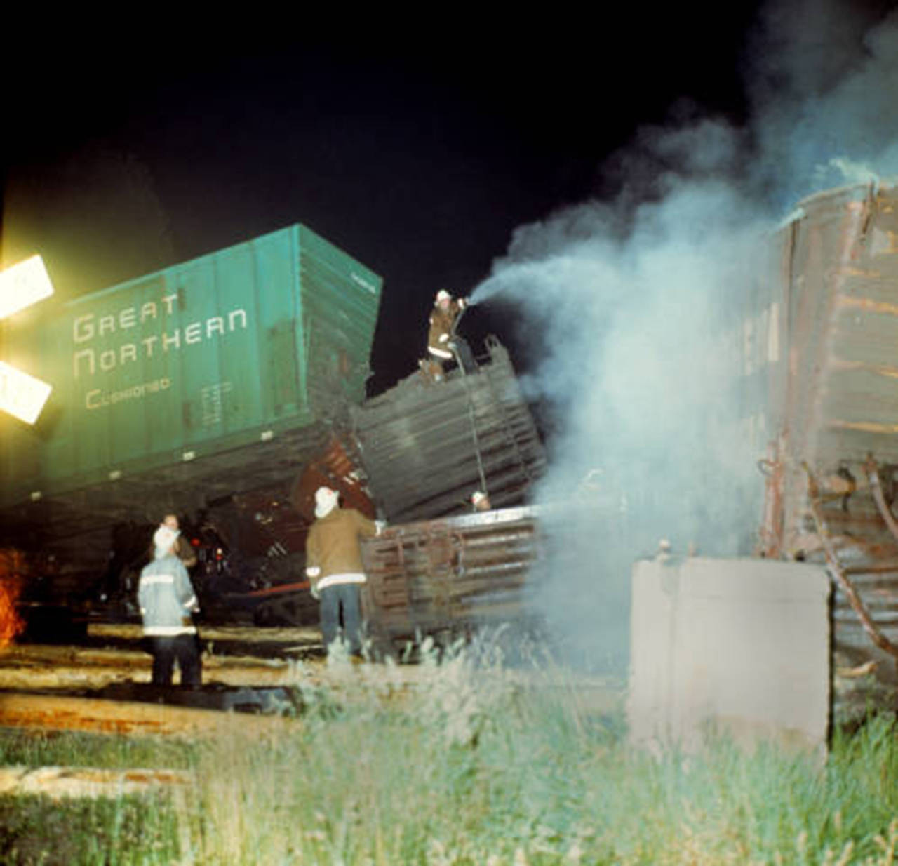 In 1969, two train crew members were killed and two others injured in a rear-end collision between Great Northern Railway freight trains in Marysville. About 20 cars were derailed. Damage was estimated at $1 million. (Jim Leo/courtesy of Everett Public Library)