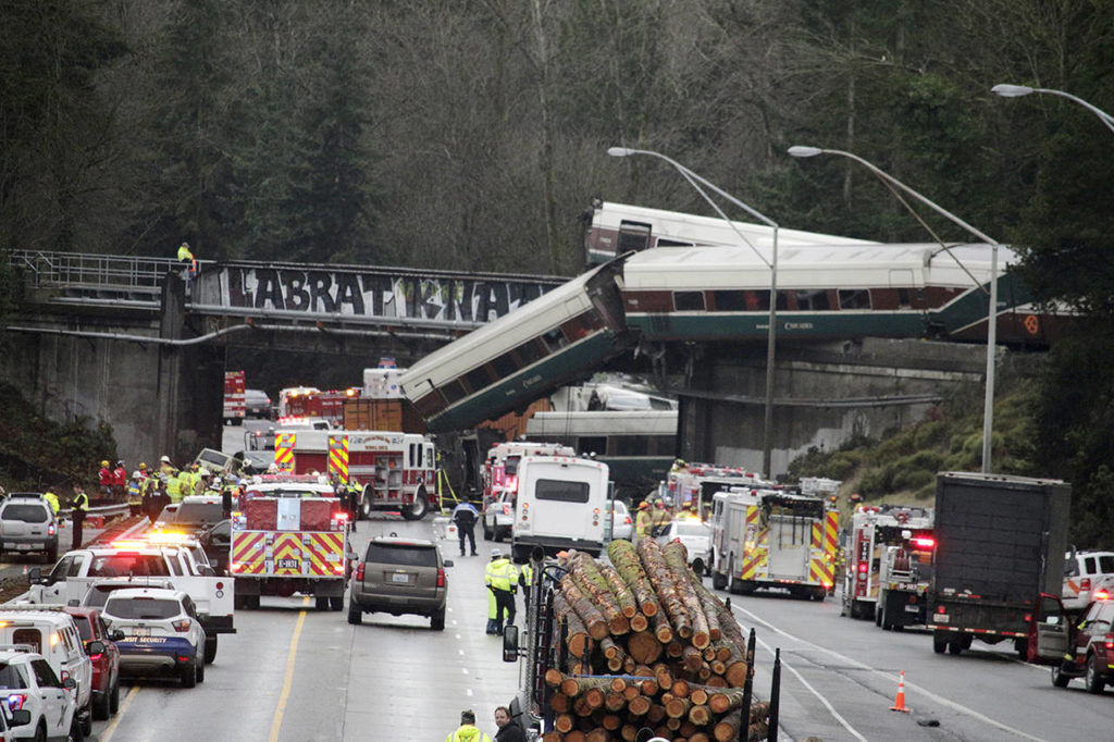 The derailed train in DuPont is not affecting service in Snohomish County. (AP Photo/Rachel La Corte)
