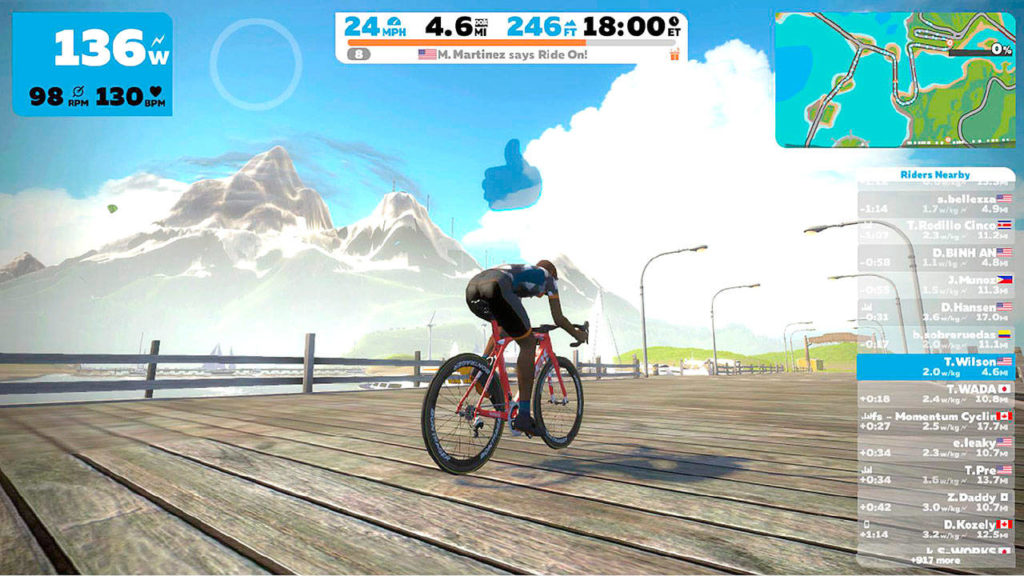 A screenshot from the indoor cycle training game. (Zwift)
